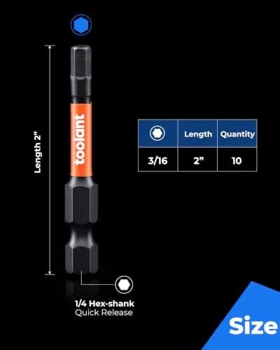 toolant 3/16-inch Impact Hex Bit Set, 10-Piece, 2-inch | S2 Steel, CNC-Machined, Magnetic Tips thumbnail 5
