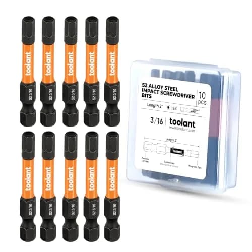toolant 3/16-inch Impact Hex Bit Set, 10-Piece, 2-inch | S2 Steel, CNC-Machined, Magnetic Tips thumbnail 1