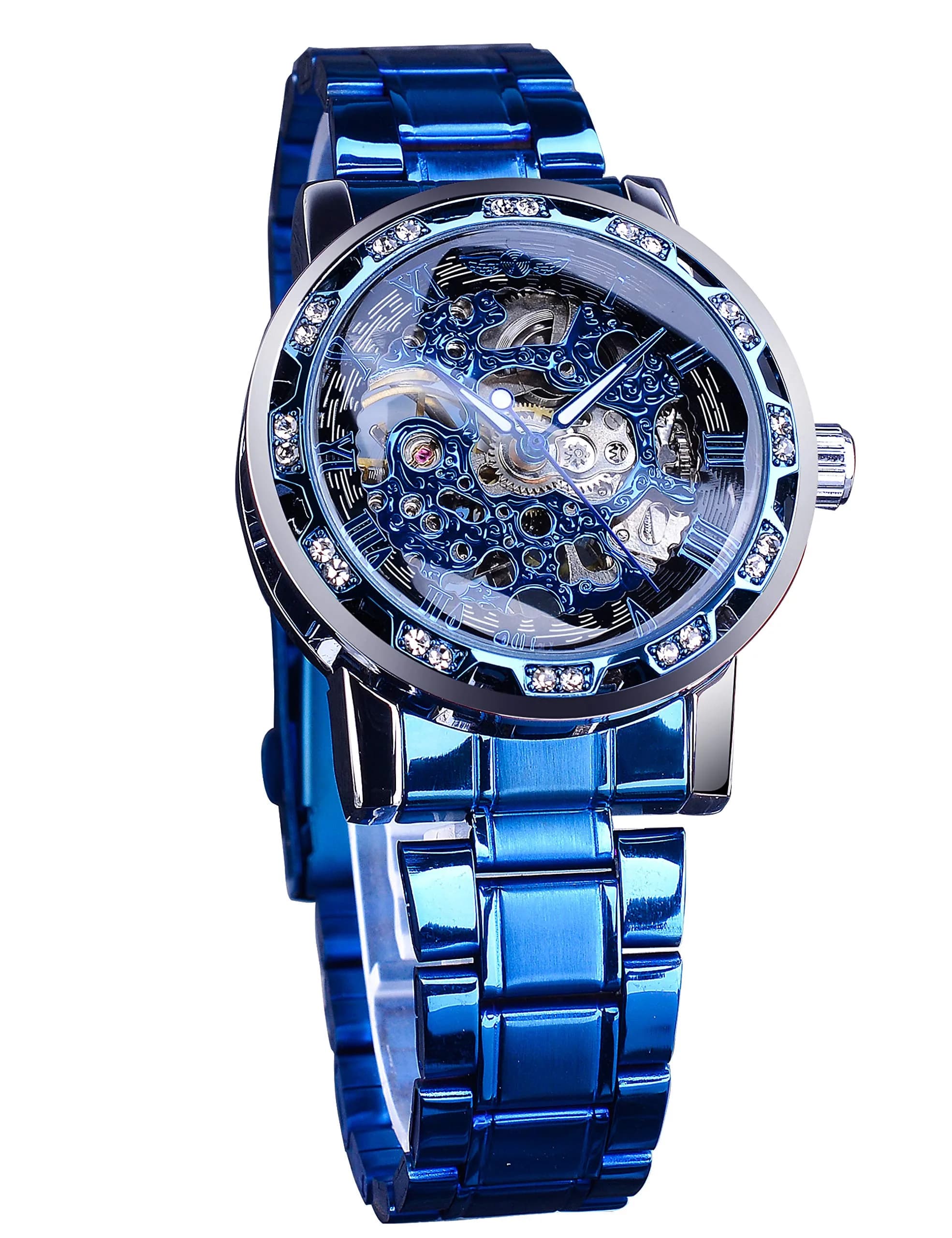 FORSINING Blue Skeleton Automatic Diamond Men's Watch 45mm | Retro Steampunk Mechanical Wristwatch - main product image