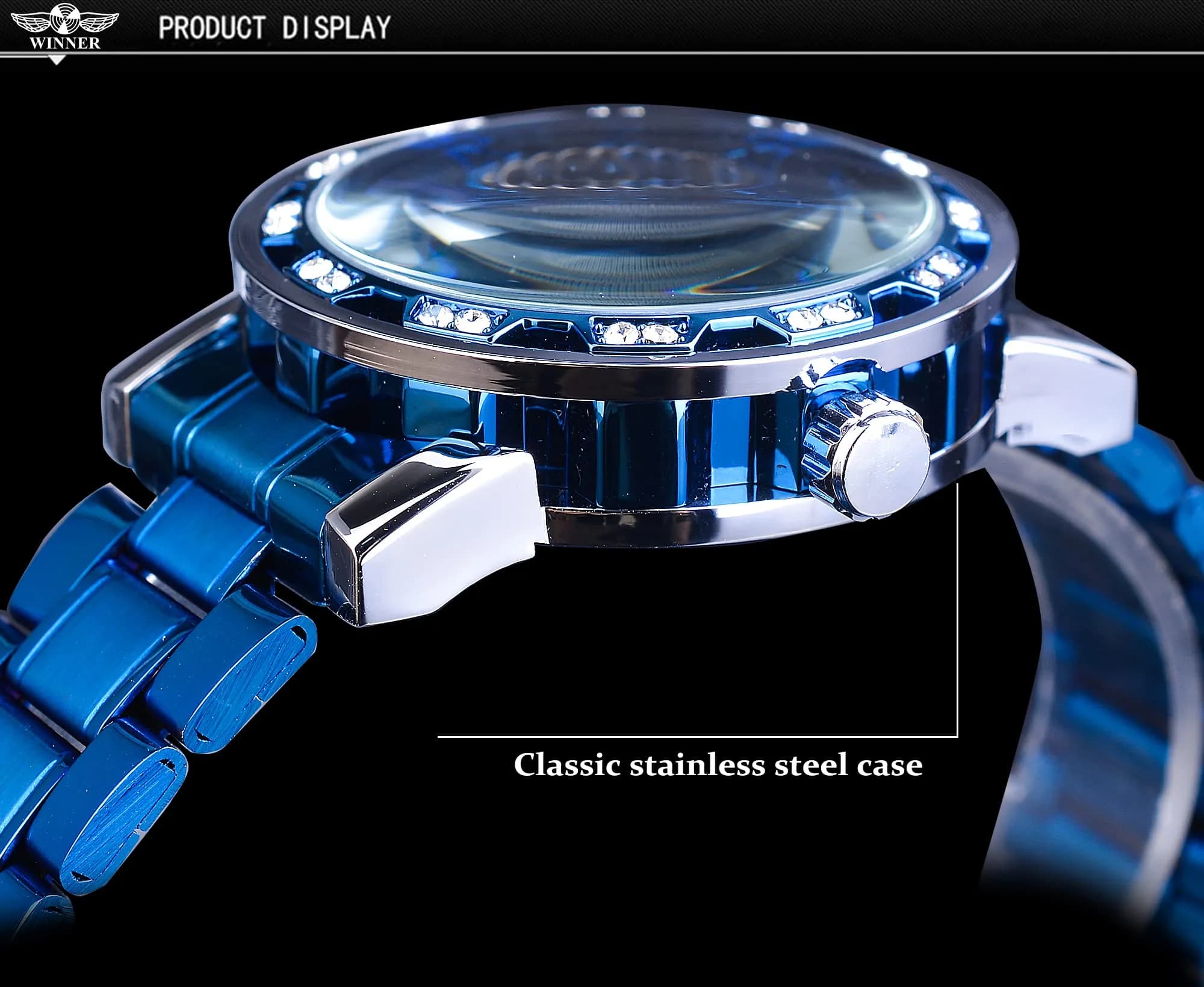 FORSINING Retro Steampunk Skeleton Blue Diamond Mechanical Watch | 2 cm Case Diameter - view 6