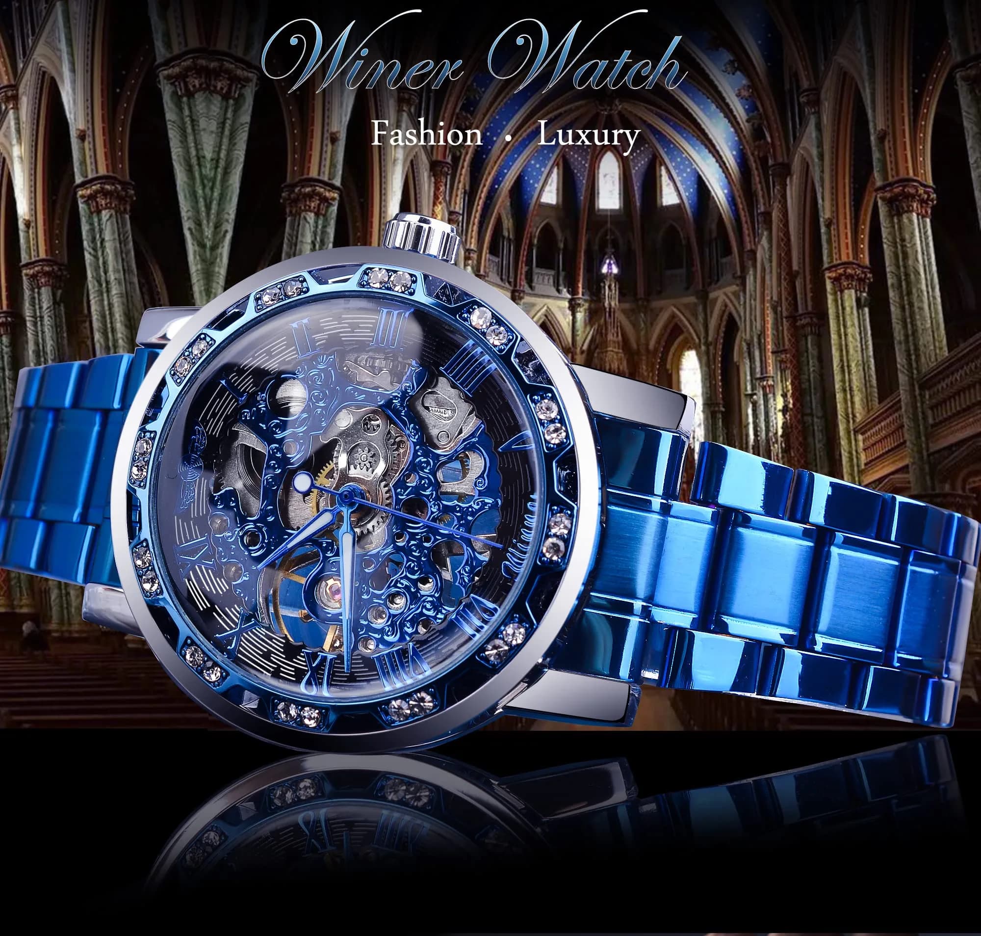 FORSINING Blue Skeleton Automatic Diamond Men's Watch 45mm | Retro Steampunk Mechanical Wristwatch - view 2