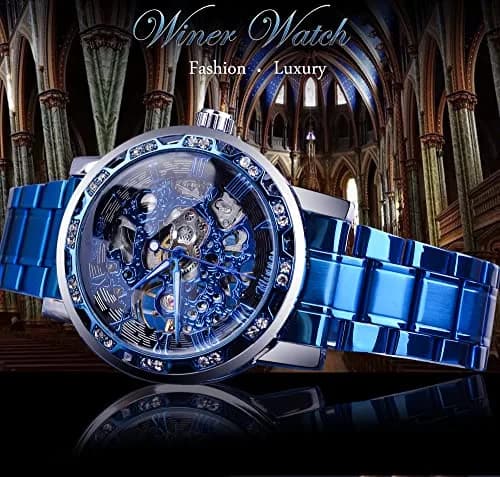 FORSINING Retro Steampunk Skeleton Blue Diamond Mechanical Watch | 2 cm Case Diameter thumbnail 2
