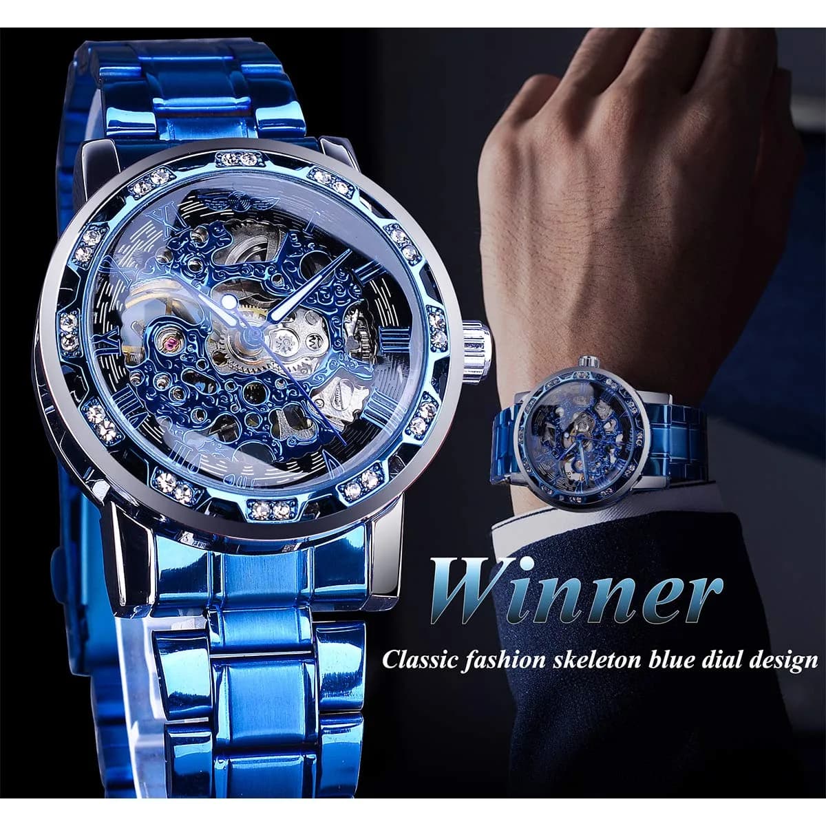 FORSINING Blue Skeleton Automatic Diamond Men's Watch 45mm | Retro Steampunk Mechanical Wristwatch - view 3