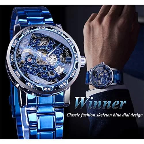 FORSINING Retro Steampunk Skeleton Blue Diamond Mechanical Watch | 2 cm Case Diameter thumbnail 3