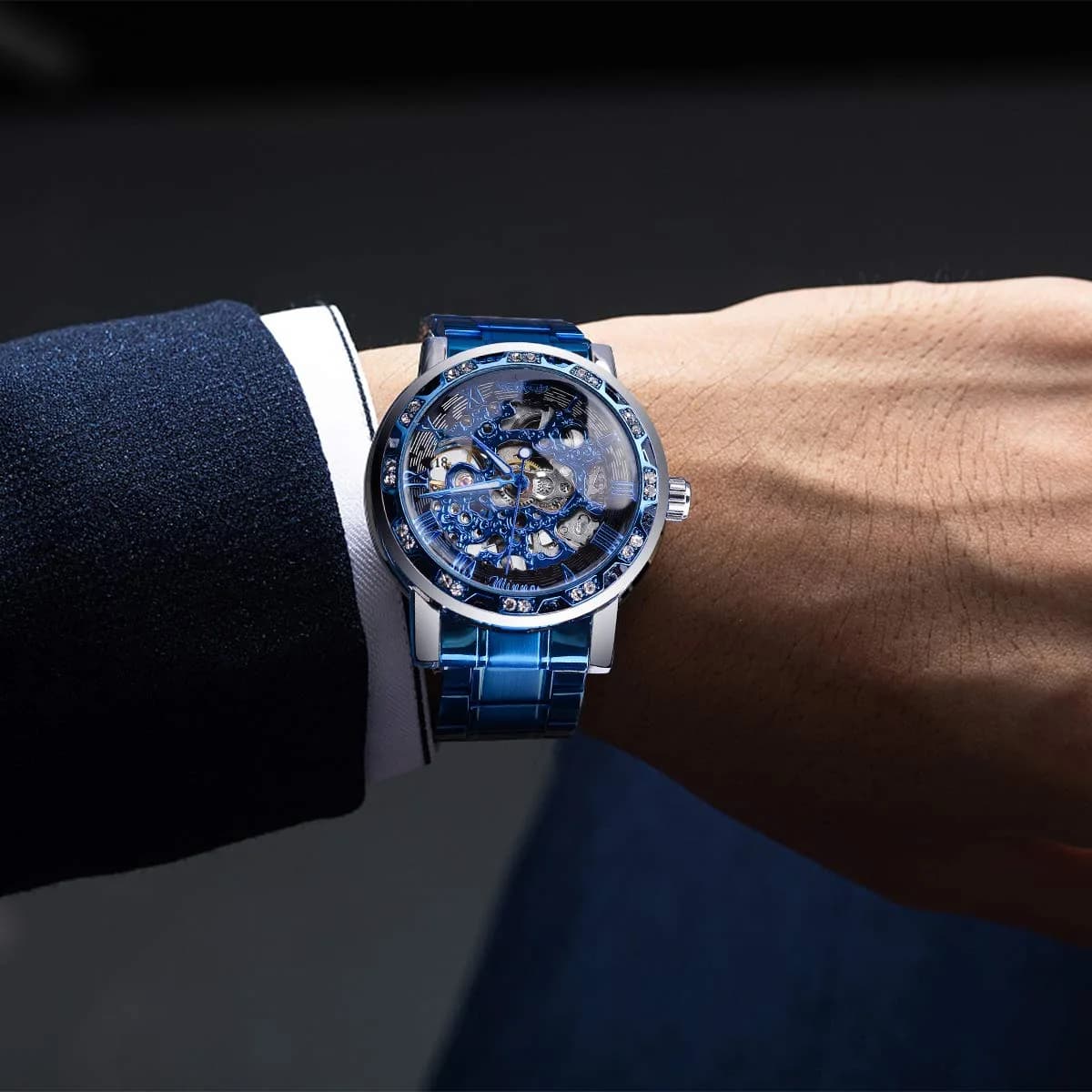 FORSINING Blue Skeleton Automatic Diamond Men's Watch 45mm | Retro Steampunk Mechanical Wristwatch - view 4