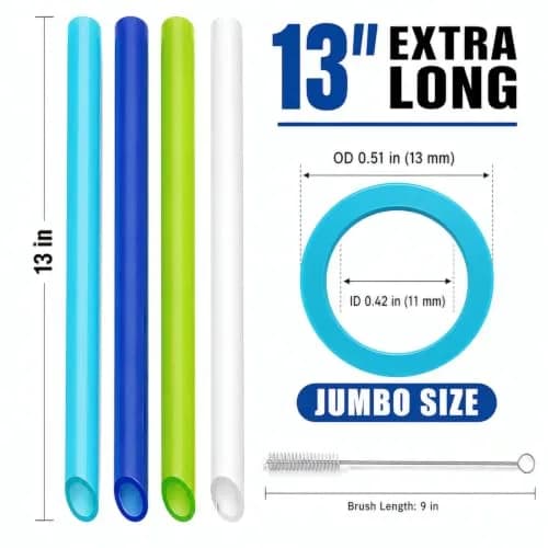 ALINK 12 Pcs Reusable Boba Straws, 13-inch Extra Long Wide Smoothie Straws | Jumbo Diameter for Thick Drinks thumbnail 2