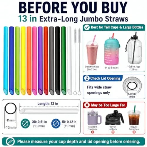ALINK 12 Pcs Reusable Boba Straws, 13-inch Extra Long Wide Smoothie Straws | Jumbo Diameter for Thick Drinks thumbnail 3