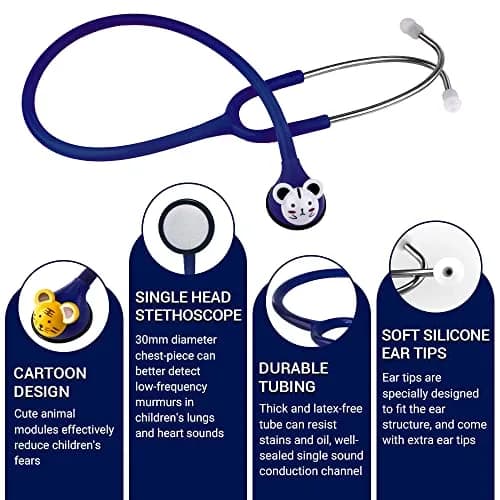 SCIAN Working Stethoscope with 5 Interchangeable Cartoon Heads, Professional Quality for Doctors & Nurses, Dark Blue | Dual-Head Acoustic Auscultation thumbnail 3