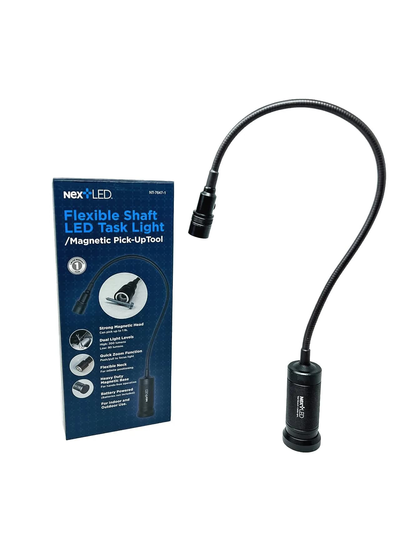 NextLED Flexible Shaft Magnetic LED Flashlight and Pickup Tool, 20 Inch Reach, 300 Lumens, Magnetic Base, Impact-Resistant Aluminum, IP-54 Rated