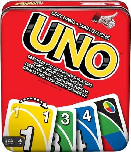 Mattel Games UNO Left Hand Tin Card Game for Family Night with Cards Specially Designed for Left-Handed Players (112 Cards) thumbnail 1