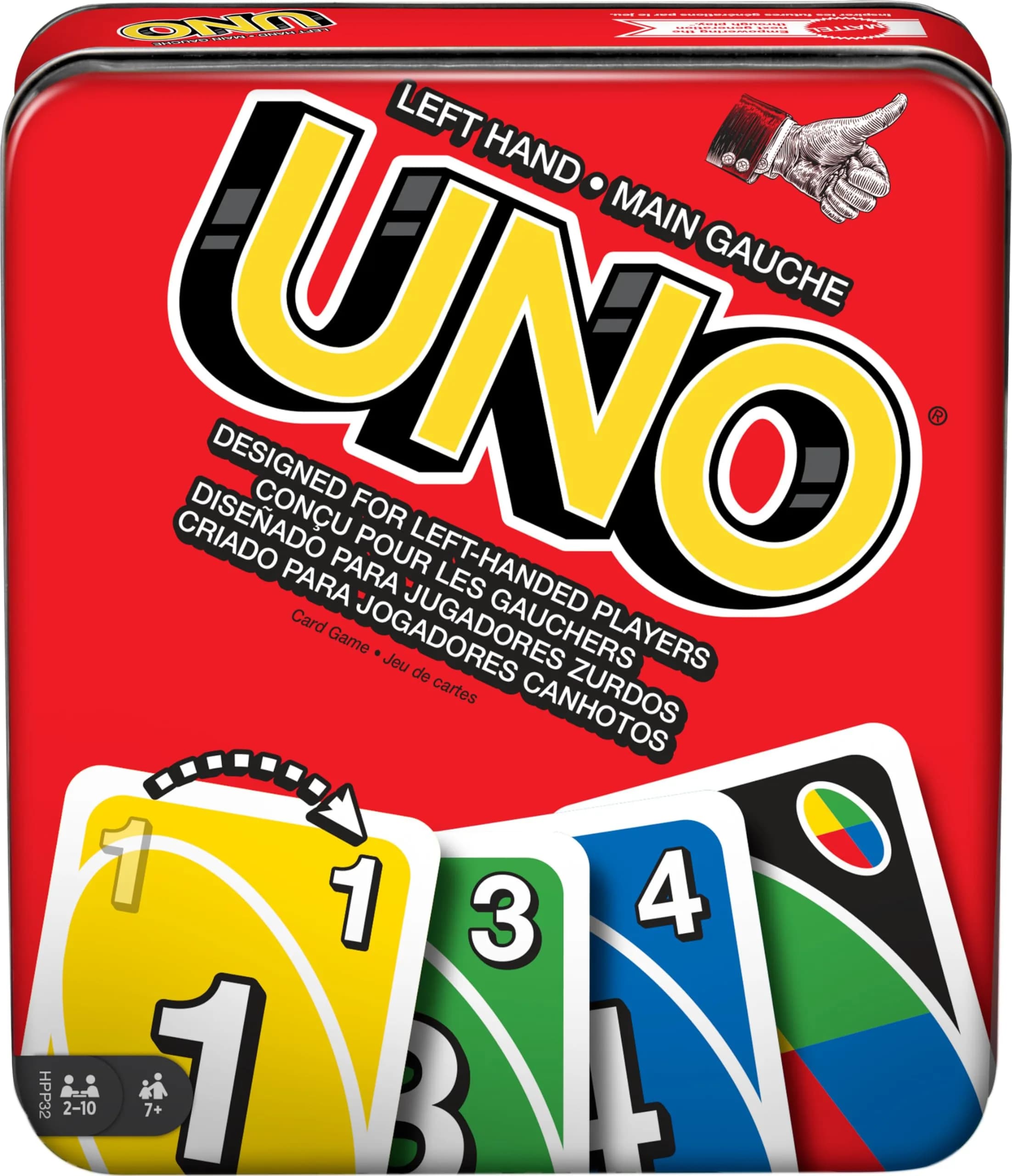 Mattel Games UNO Left Hand Tin Card Game for Family Night with Cards Specially Designed for Left-Handed Players (112 Cards) — Multicolor