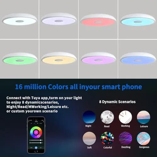 ASALL Smart Waterproof LED Flush Mount Ceiling Light Fixture, 11 inch 18W | RGB Color Changing & Bluetooth Speaker thumbnail 3