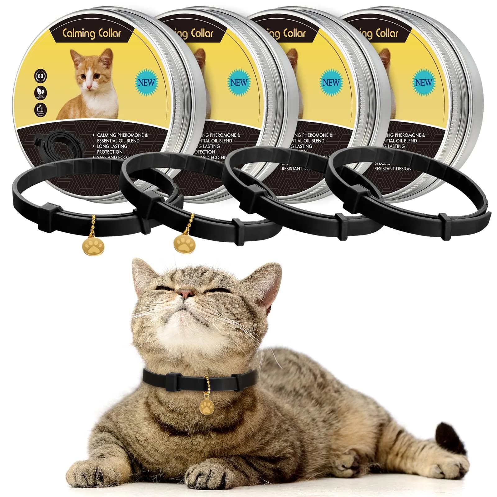 Weewooday 4pcs Cat Calming Collar with Pheromones, 38cm (15 Inches) | Reduces Anxiety & Aggression — Black