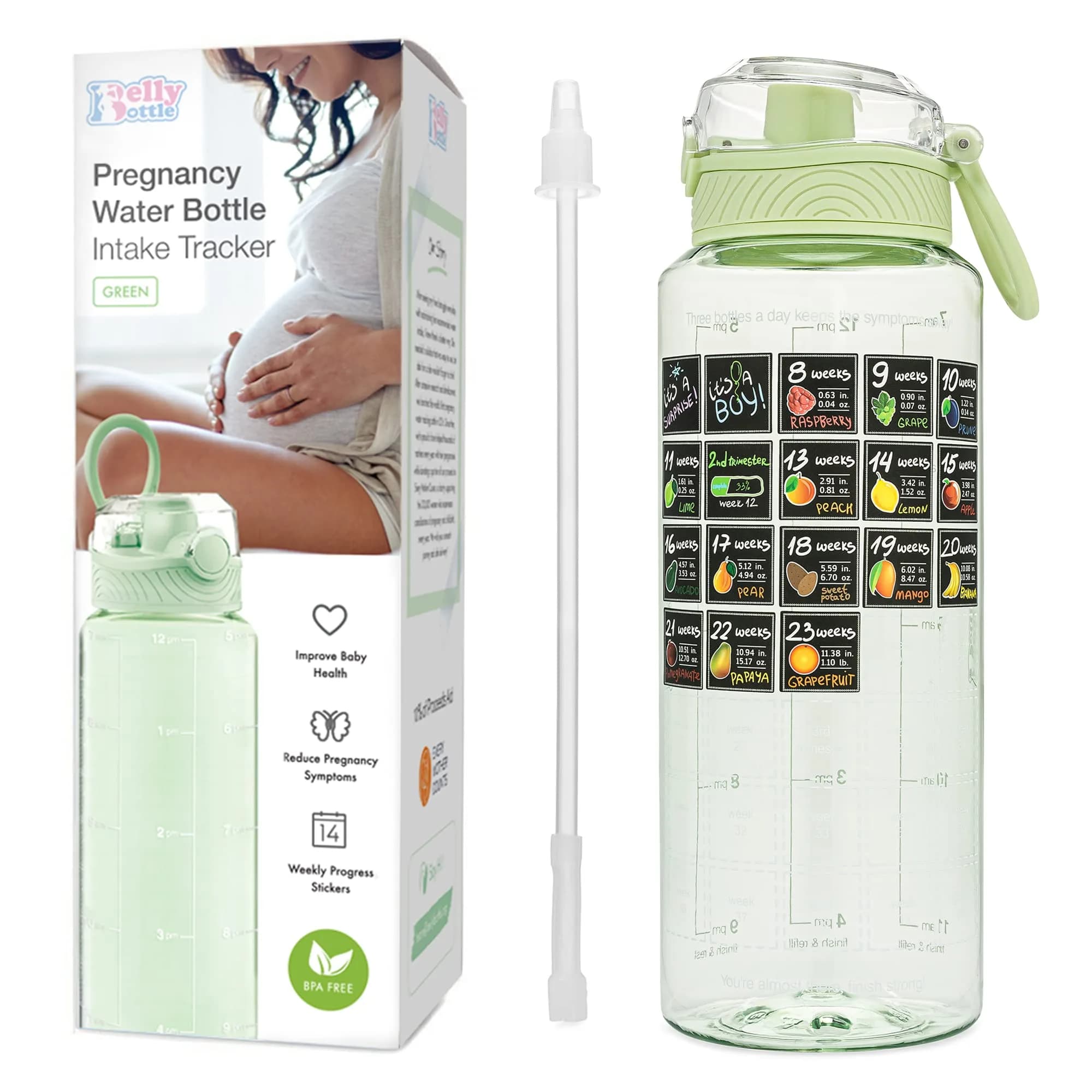 BellyBottle Pregnancy Water Bottle Tracker 32oz | Nausea Relief & Hydration for Expecting Moms — Green