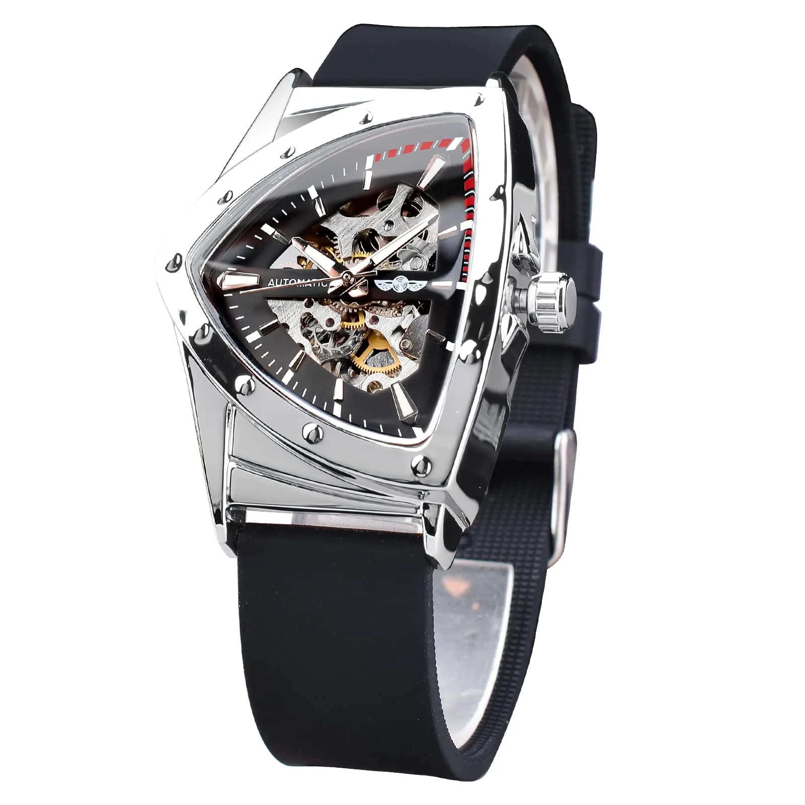 FORSINING Skeleton Watch for Men, Automatic Mechanical, Triangle Dial, 43mm Diameter, 20mm Wide Silicone Strap