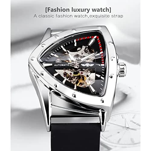 FORSINING Skeleton Watch for Men, Automatic Mechanical, Triangle Dial, 43mm Diameter, 20mm Wide Silicone Strap thumbnail 2