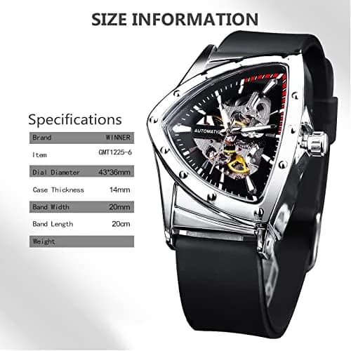 FORSINING Skeleton Watch for Men, Automatic Mechanical, Triangle Dial, 43mm Diameter, 20mm Wide Silicone Strap thumbnail 3