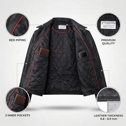 Storemm Men's Genuine Lambskin Leather Jacket | Classic Biker Style, Size L thumbnail 4