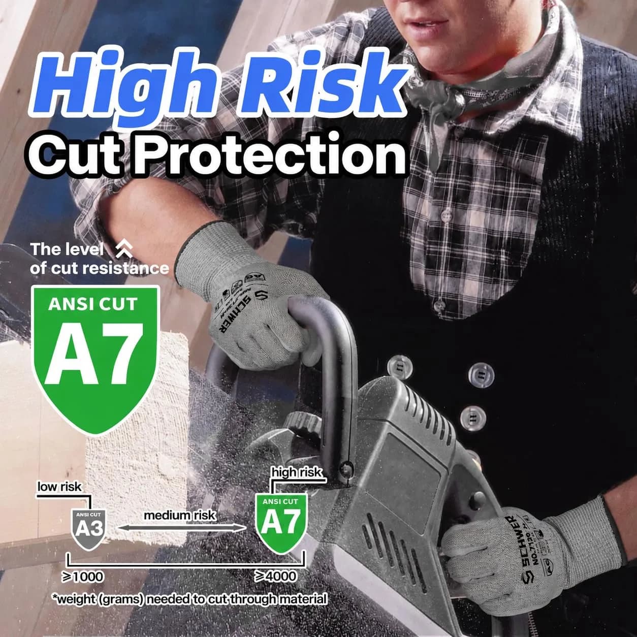 Schwer AR7120 Cut Resistant Work Gloves XL | ANSI A7 Cut Level, 3 Pairs - view 2