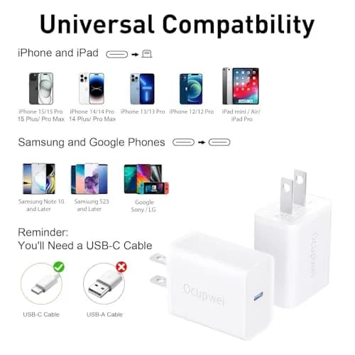 Ocupwei USB C Charger Block 20W | Fast Charging Wall Adapter for iPhone & Devices (2 Pack) thumbnail 4
