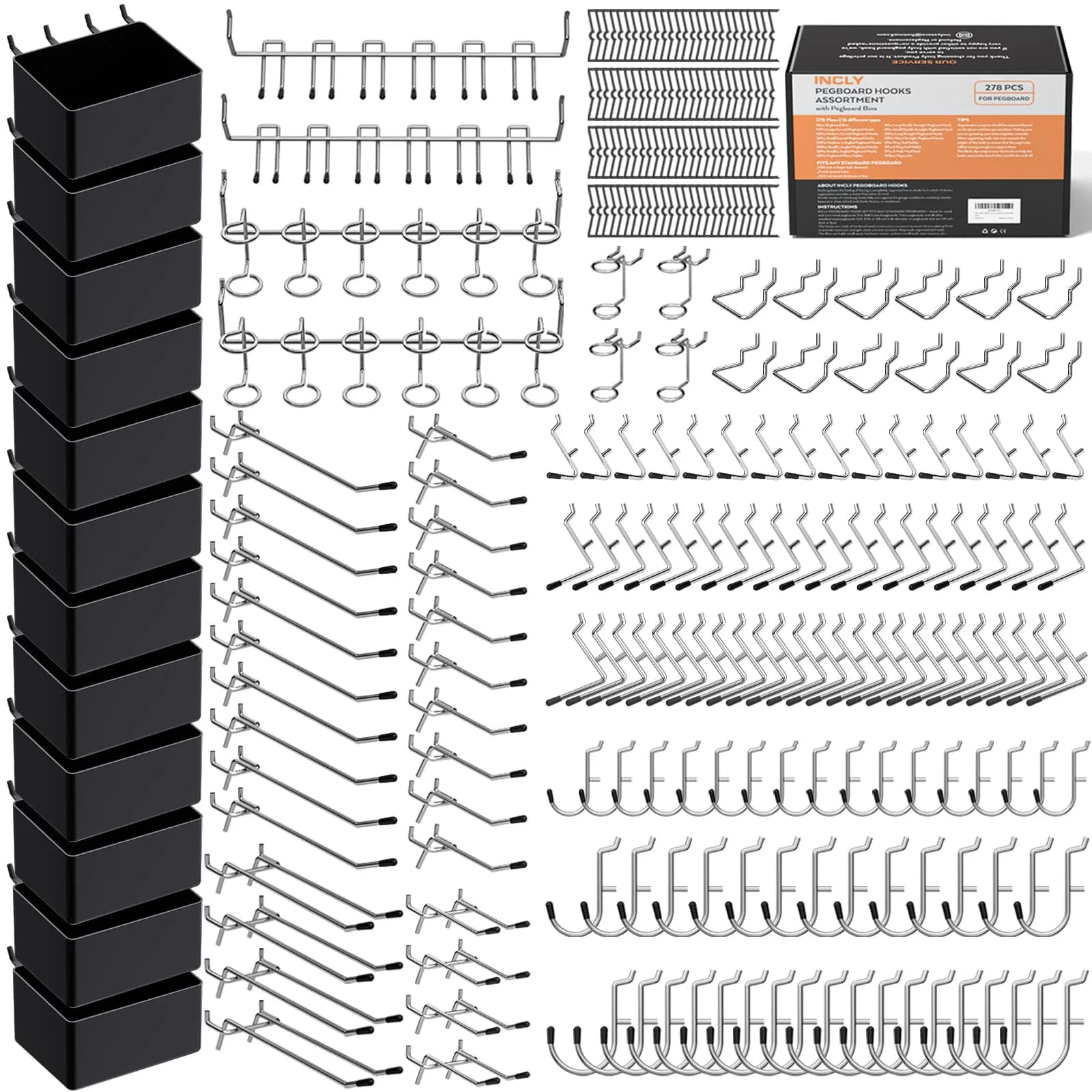 INCLY 278-Piece Pegboard Accessories Organizer Kit with Bins and Hooks | 10.7" L x 9" W x 4.3" H