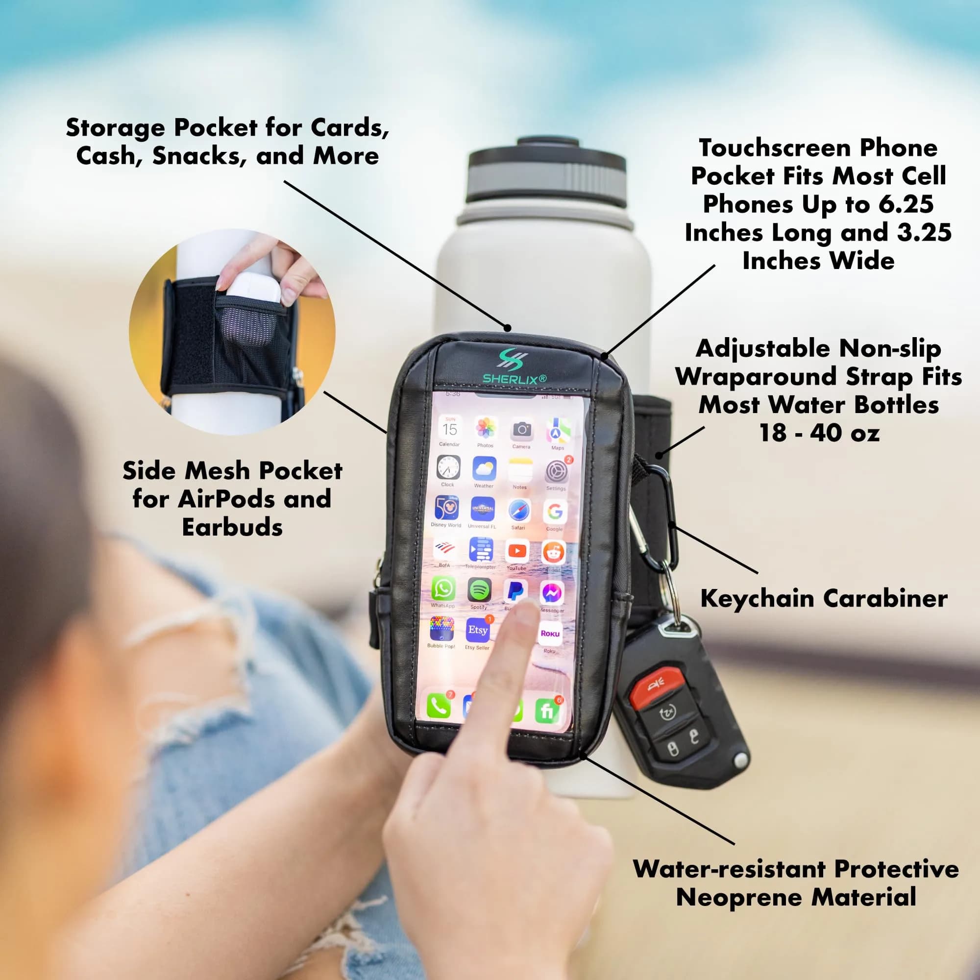 SHERLIX Water Bottle Pouch with Touchscreen Pocket & Carabiner - Black, 18-40 oz | Patented Design for Gym & Travel - view 2