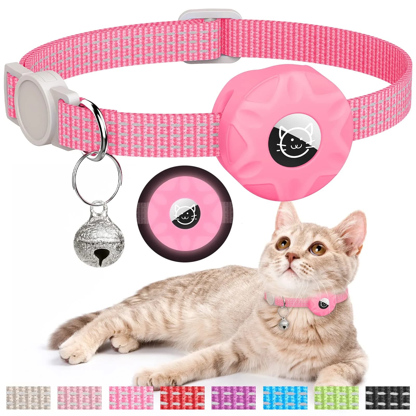 Hoeraonr AirTag Cat Collar with Reflective Strips & Breakaway Safety Buckle, Adjustable Nylon, Pink | Night Visibility & Sound Bell