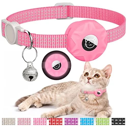 Hoeraonr AirTag Cat Collar with Reflective Strips & Breakaway Safety Buckle, Adjustable Nylon, Pink | Night Visibility & Sound Bell thumbnail 1