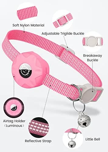 Hoeraonr AirTag Cat Collar with Reflective Strips & Breakaway Safety Buckle, Adjustable Nylon, Pink | Night Visibility & Sound Bell thumbnail 3