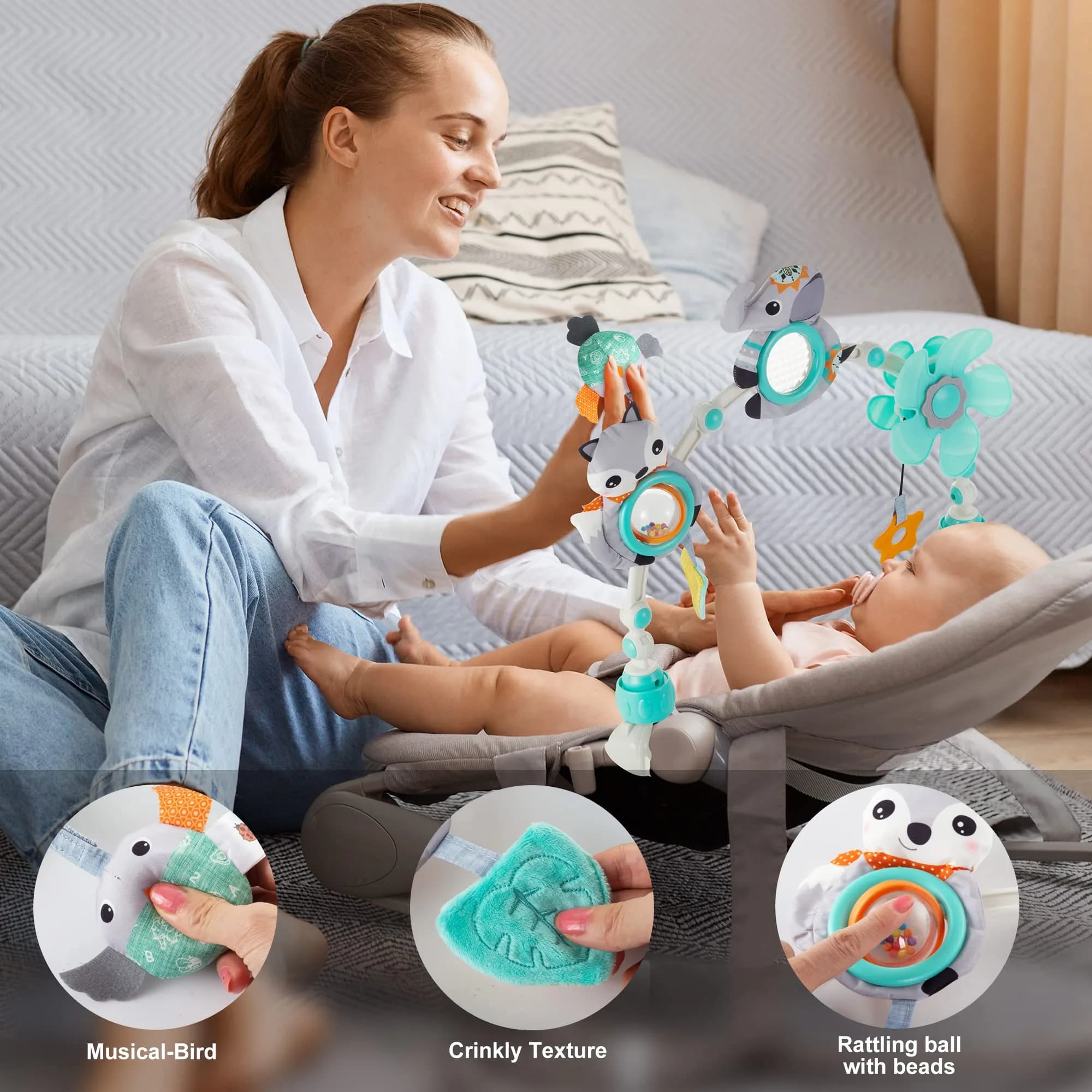 Lynncare Adjustable Arch Bassinet Toys - Elephant | Musical Bee & Teether for Infant & Toddlers | Sensory Development - view 3
