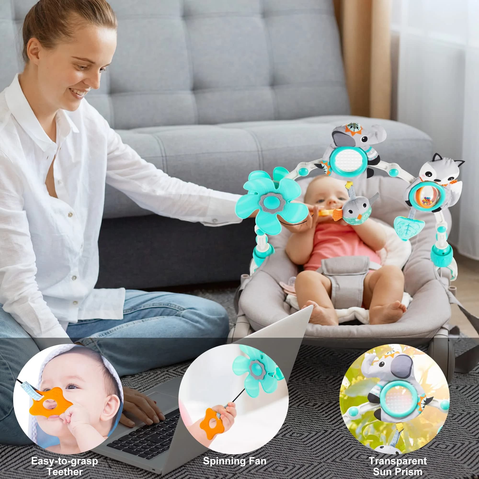 Lynncare Adjustable Arch Bassinet Toys - Elephant | Musical Bee & Teether for Infant & Toddlers | Sensory Development - view 4