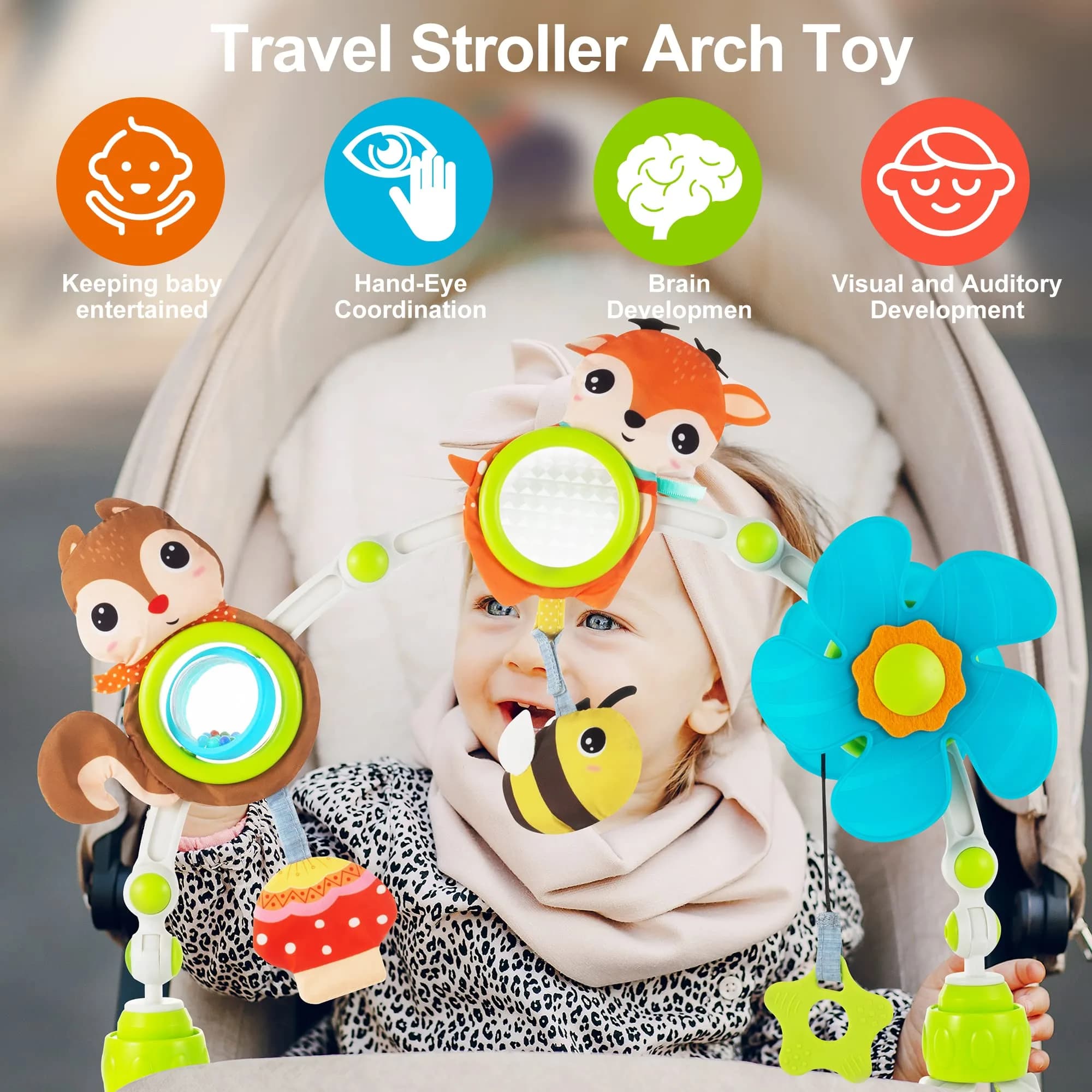 Lynncare Adjustable Arch Bassinet Toys for Infant & Toddlers with Musical Bee & Teether | Sensory Development - view 2