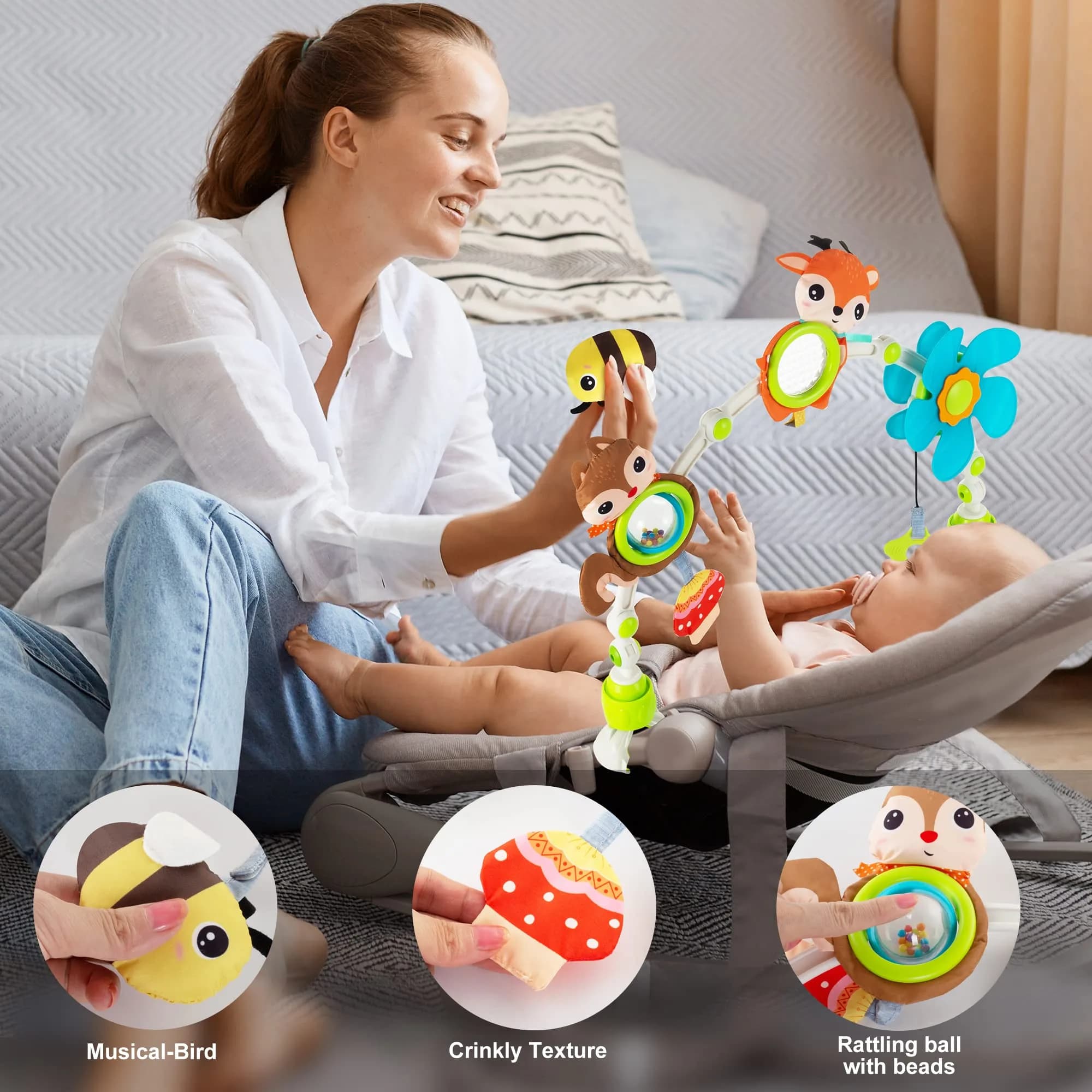Lynncare Adjustable Arch Bassinet Toys for Infant & Toddlers with Musical Bee & Teether | Sensory Development - view 3