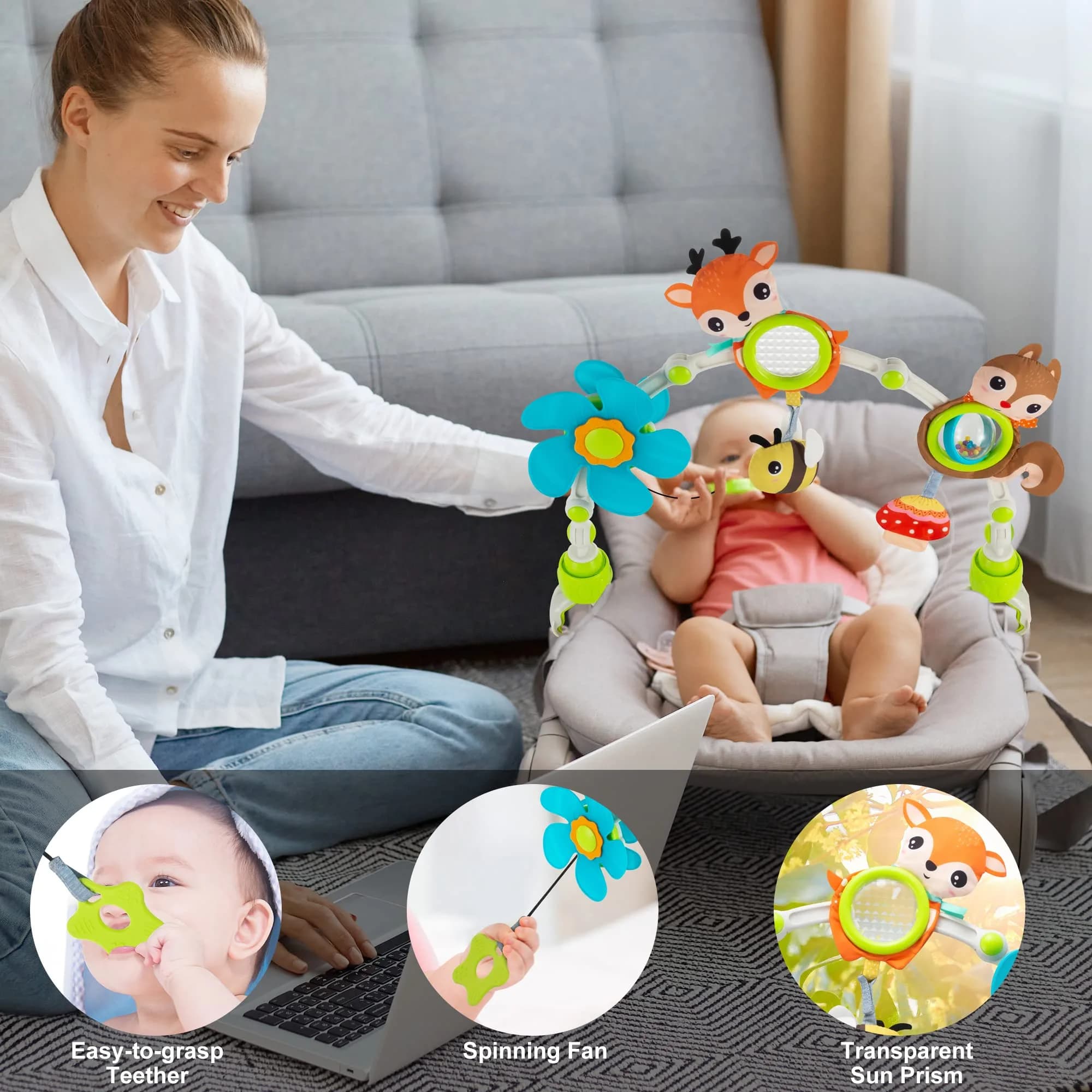 Lynncare Adjustable Arch Bassinet Toys for Infant & Toddlers with Musical Bee & Teether | Sensory Development - view 4