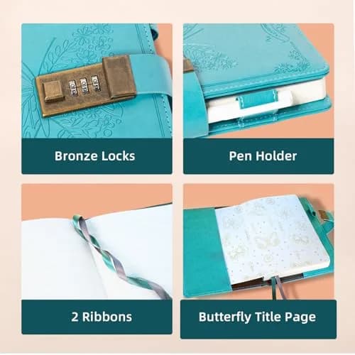Billtigif Diary with Lock, Leather Locking Journal for Women, Butterfly, A5 | Vintage Personal Organizer with Secret Password Lock thumbnail 5