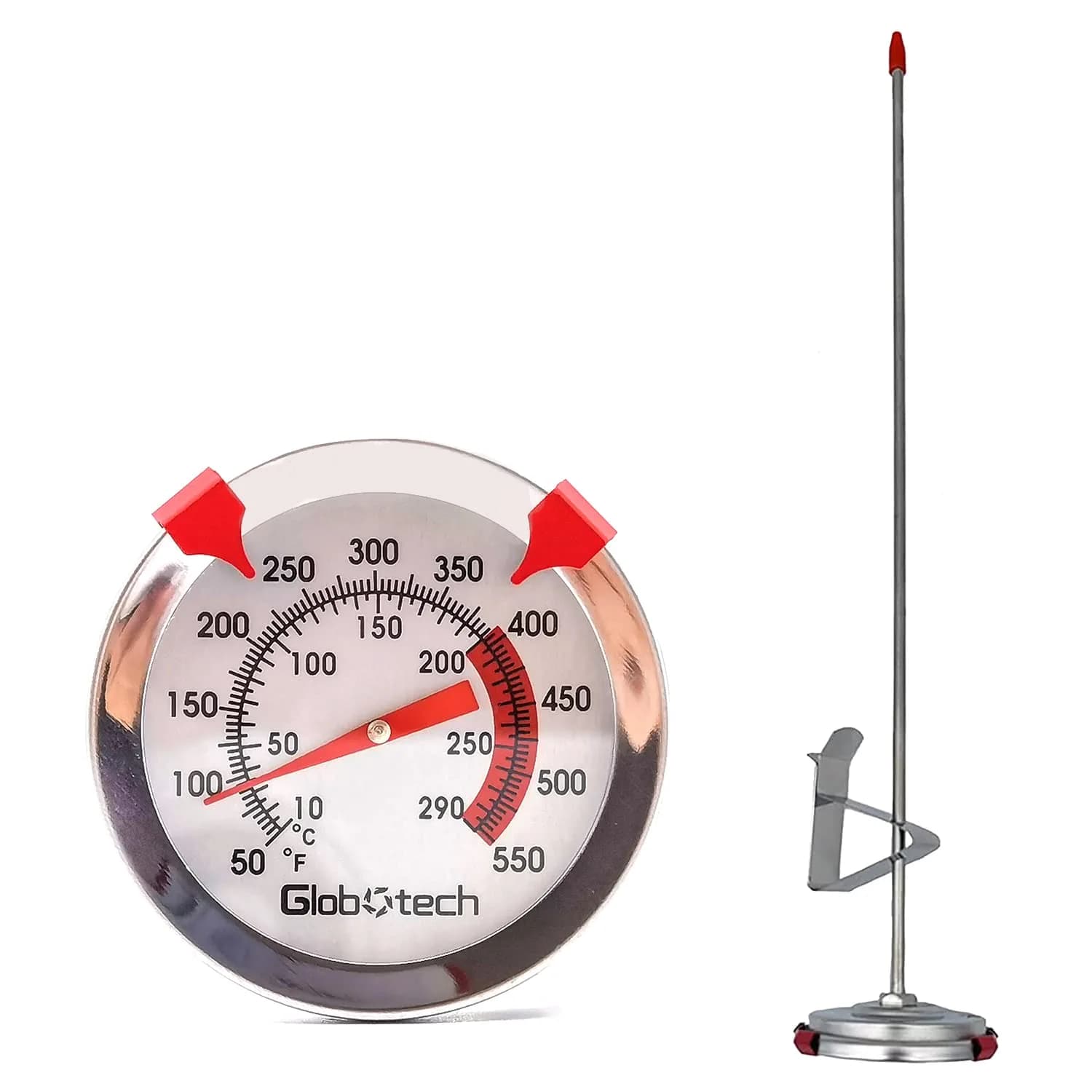 GLOBOTECH 2" Dial Deep Fry Thermometer 550°F (290°C) | 12" Long Stem Stainless Steel Cooking Thermometer — Silver