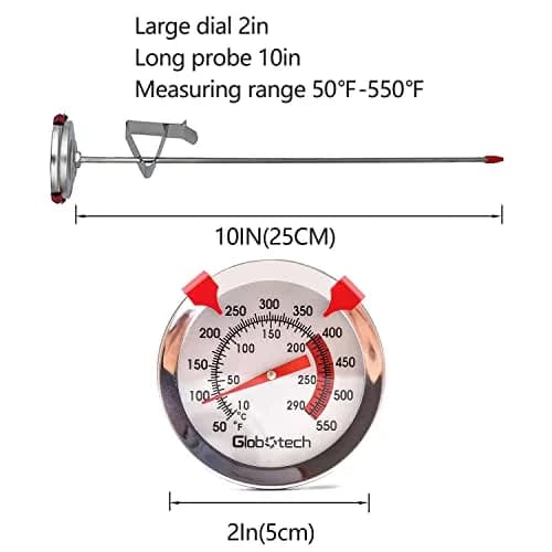 GLOBOTECH 2" Dial Deep Fry Thermometer 550°F (290°C) | 12" Long Stem Stainless Steel Cooking Thermometer thumbnail 2