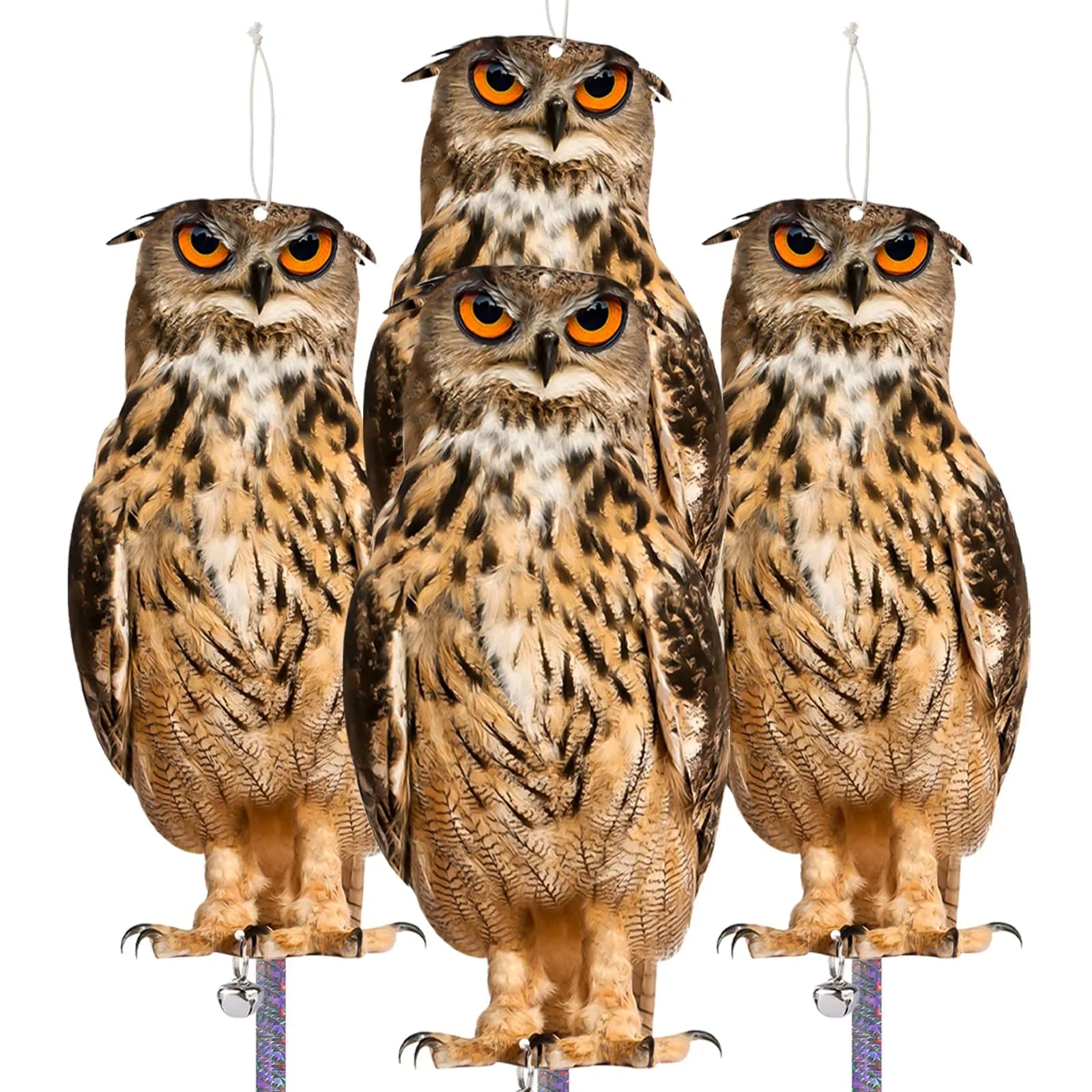 Kungfu Mall Fake Owl Bird Repellent 4PCS | 23.9 cm (9.4 inch) Hanging Owl with Reflective Tape