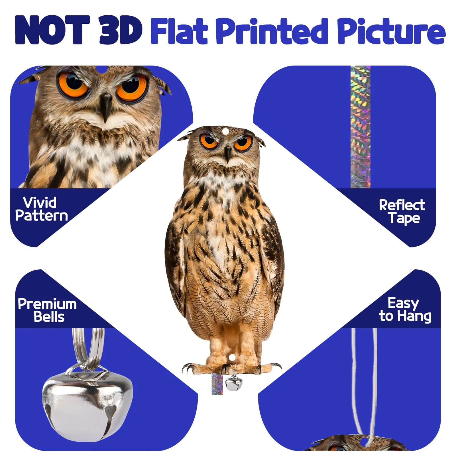 Kungfu Mall Fake Owl Bird Repellent 4PCS | 23.9 cm (9.4 inch) Hanging Owl with Reflective Tape - view 2