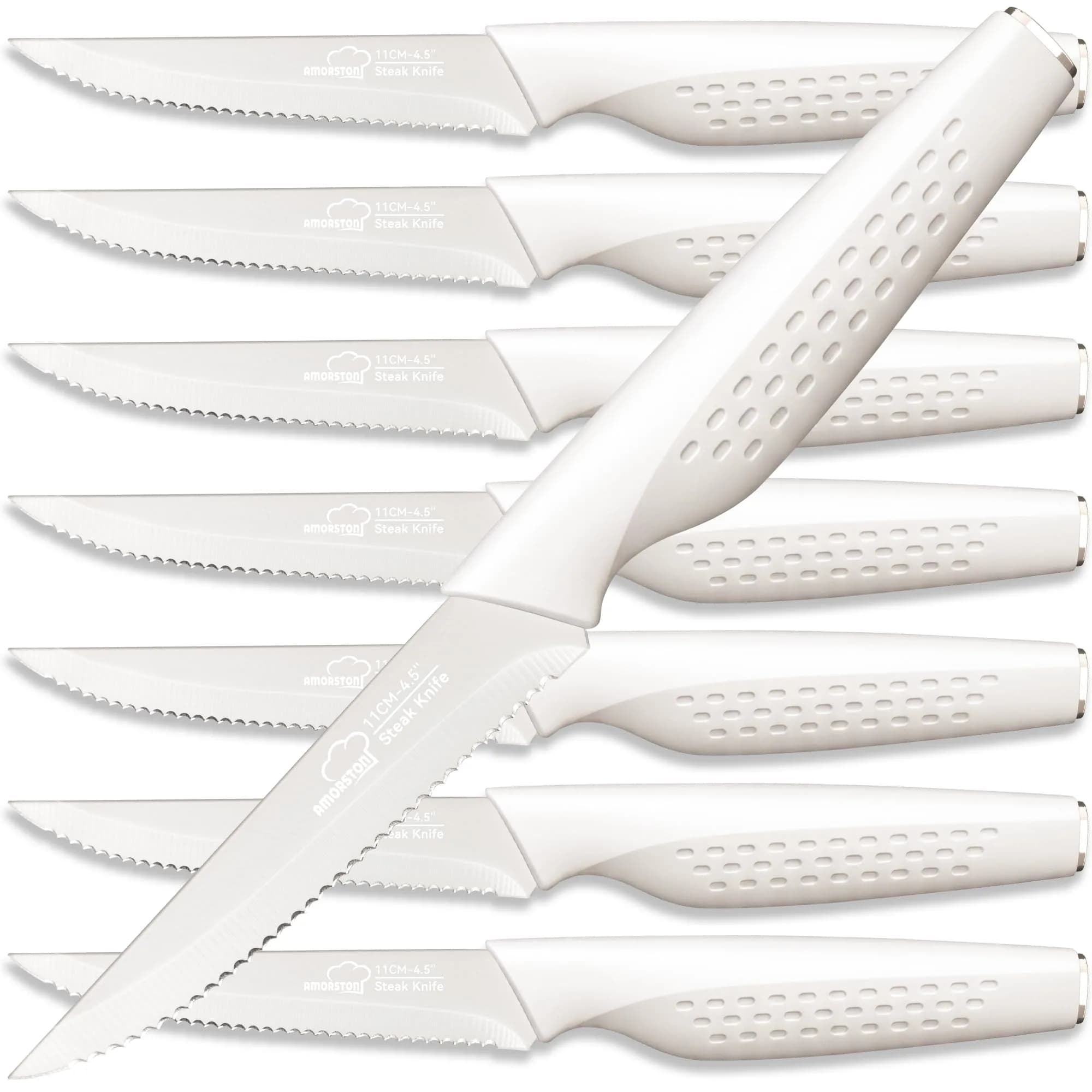 Amorston Steak Knives Set of 8 Stainless Steel Serrated Knives Cream White | Dishwasher Safe & Rust-Resistant - main product image