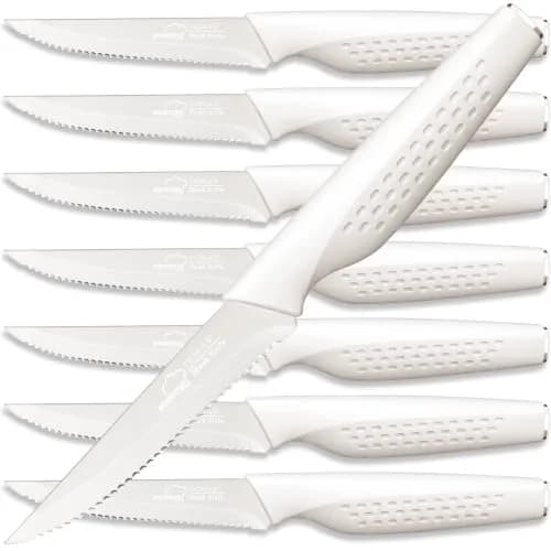 Amorston Steak Knives Set of 8 Stainless Steel Serrated Knives Cream White | Dishwasher Safe & Rust-Resistant thumbnail 1