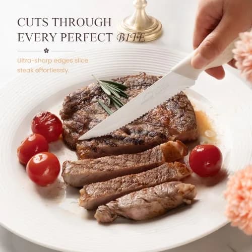 Amorston Steak Knives Set of 8 Stainless Steel Serrated Knives Cream White | Dishwasher Safe & Rust-Resistant thumbnail 2