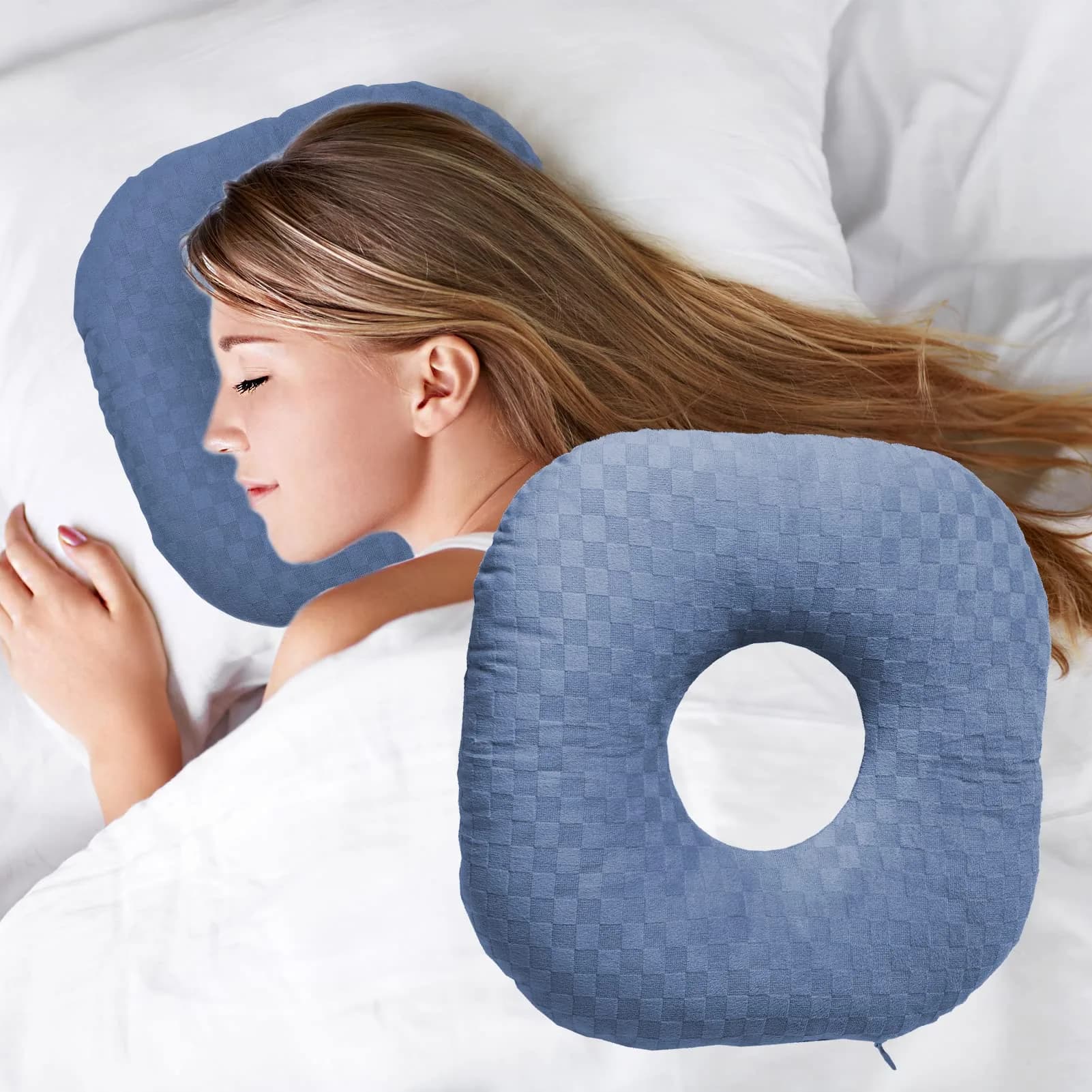 Wuronsa Ear Piercing Pillow with Hole | 23 cm (9") Blue Solid - main product image