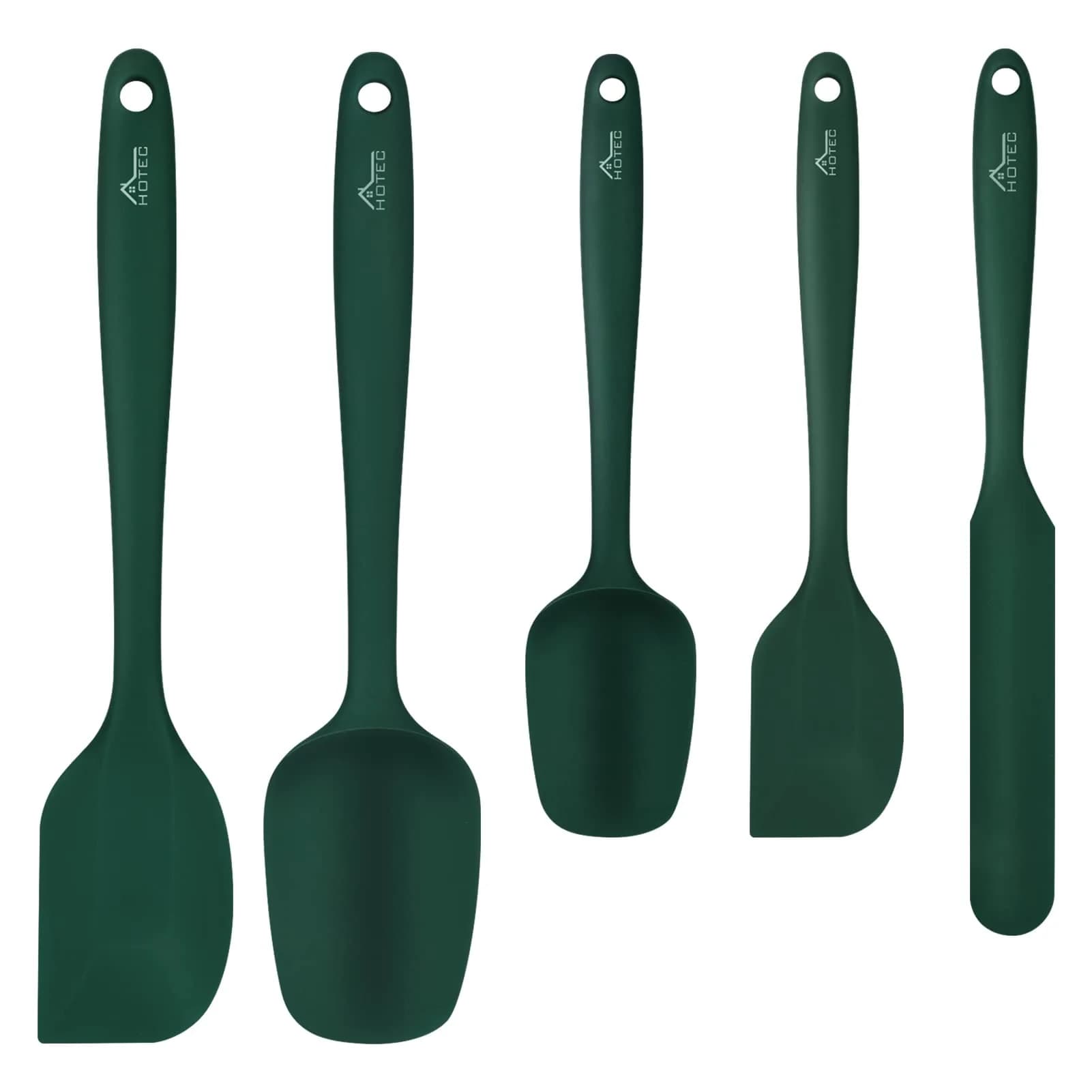 HOTEC BPA-Free Silicone Rubber Spatula Set, Dark Green, Set of 5 | Heat Resistant Up to 600°F, Dishwasher Safe