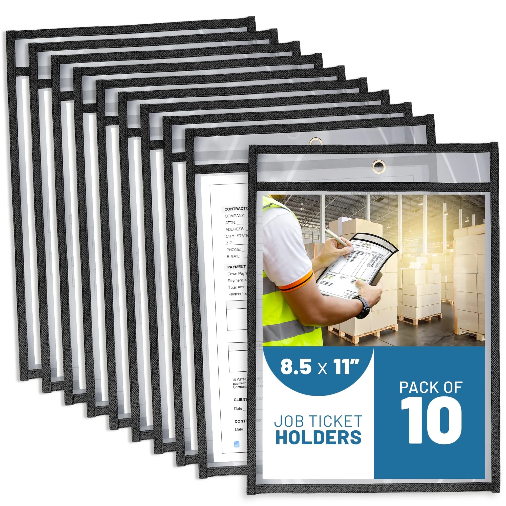 JUZARI Clear 10 Pack Job Ticket Holders 21.59 x 27.94 cm (8.5x11 Inches) | Heavy Duty Document Sleeves for Work Orders - main product image