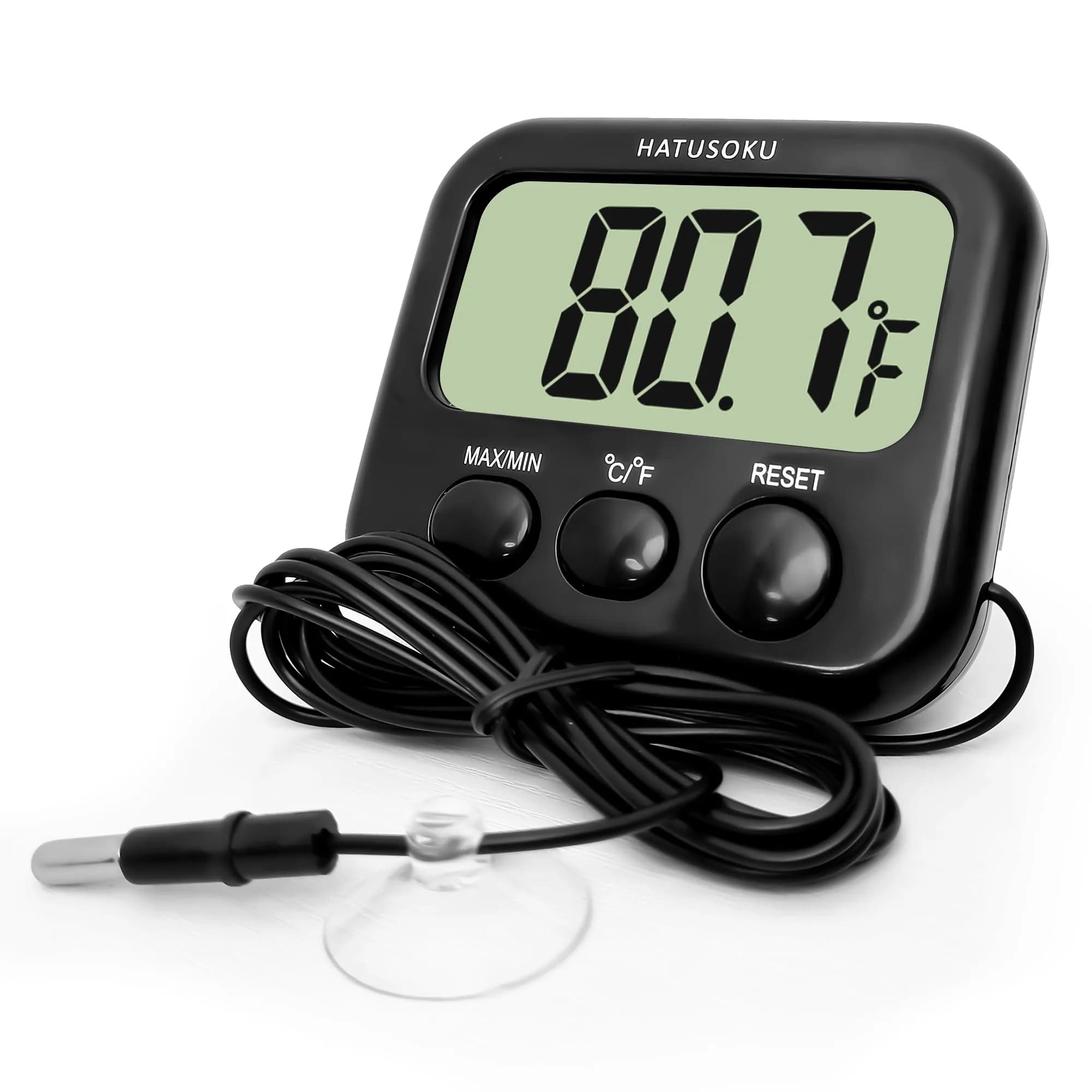 HATUSOKU Digital Thermometer with External Sensor, Magnet, Suction Cup, Water, Refrigerator & Aquarium Use (Black) | Large LCD Display