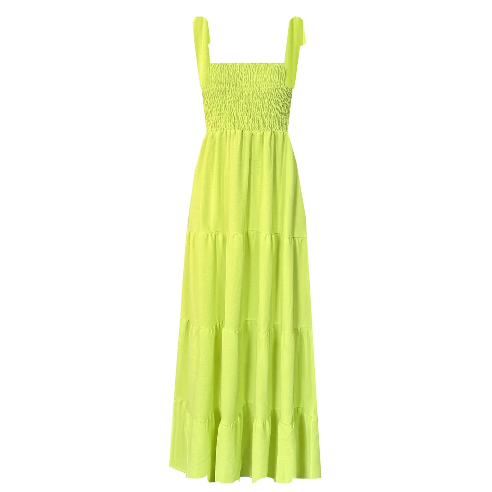 kinstell Women's Summer Boho Square Neck Ruffle Maxi Dress | Flowy, Casual, Fluorescent Green