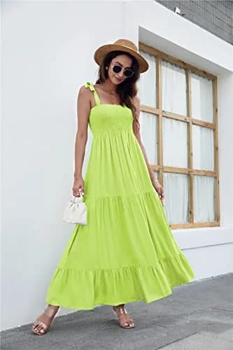 kinstell Women's Summer Boho Square Neck Ruffle Maxi Dress | Flowy, Casual, Fluorescent Green thumbnail 4