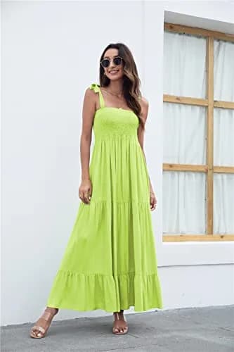 kinstell Women's Summer Boho Square Neck Ruffle Maxi Dress | Flowy, Casual, Fluorescent Green thumbnail 5