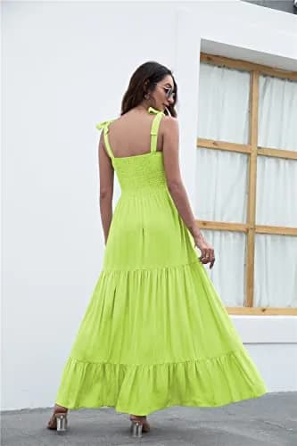 kinstell Women's Summer Boho Square Neck Ruffle Maxi Dress | Flowy, Casual, Fluorescent Green thumbnail 2